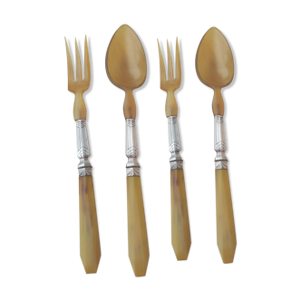 Salad cutlery in horn and silver metal with box
