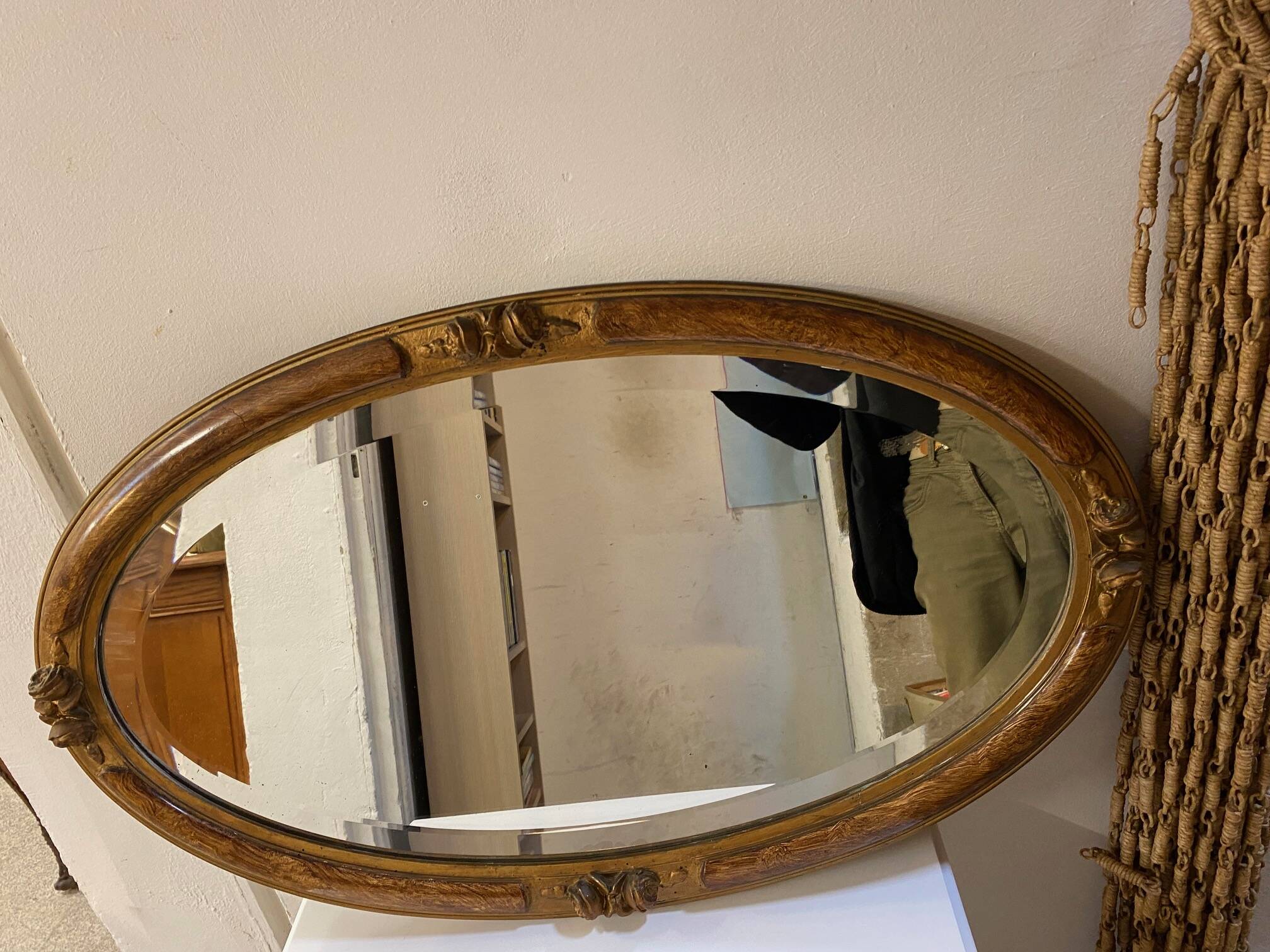 OVAL ART NOUVEAU MIRROR WITH ROSE DECOR AND PAINTED WOOD BEVELED GLASS