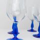 Set of 4 vintage Italian glass wine glasses, clear bowls with royal blue stems, 1980s MCM style