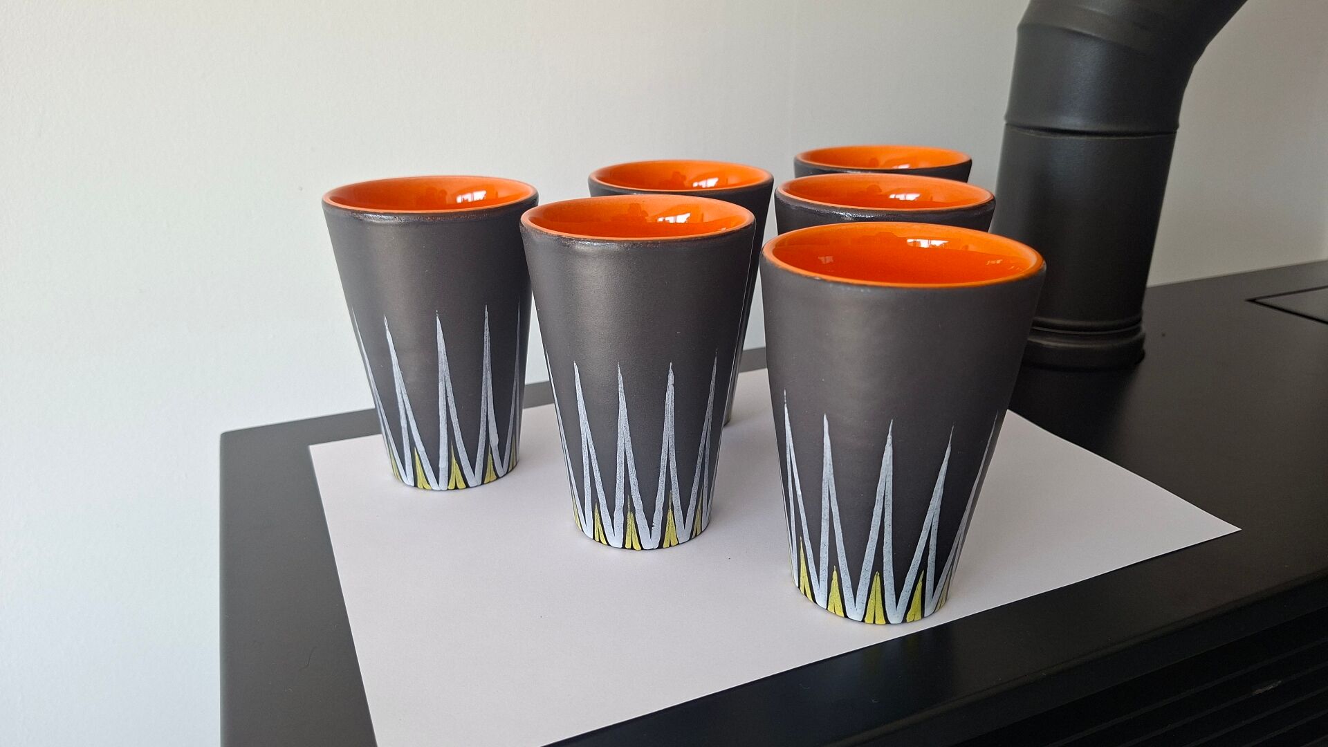 Six Orange and Black Ceramic Vases Vallauris André Baud