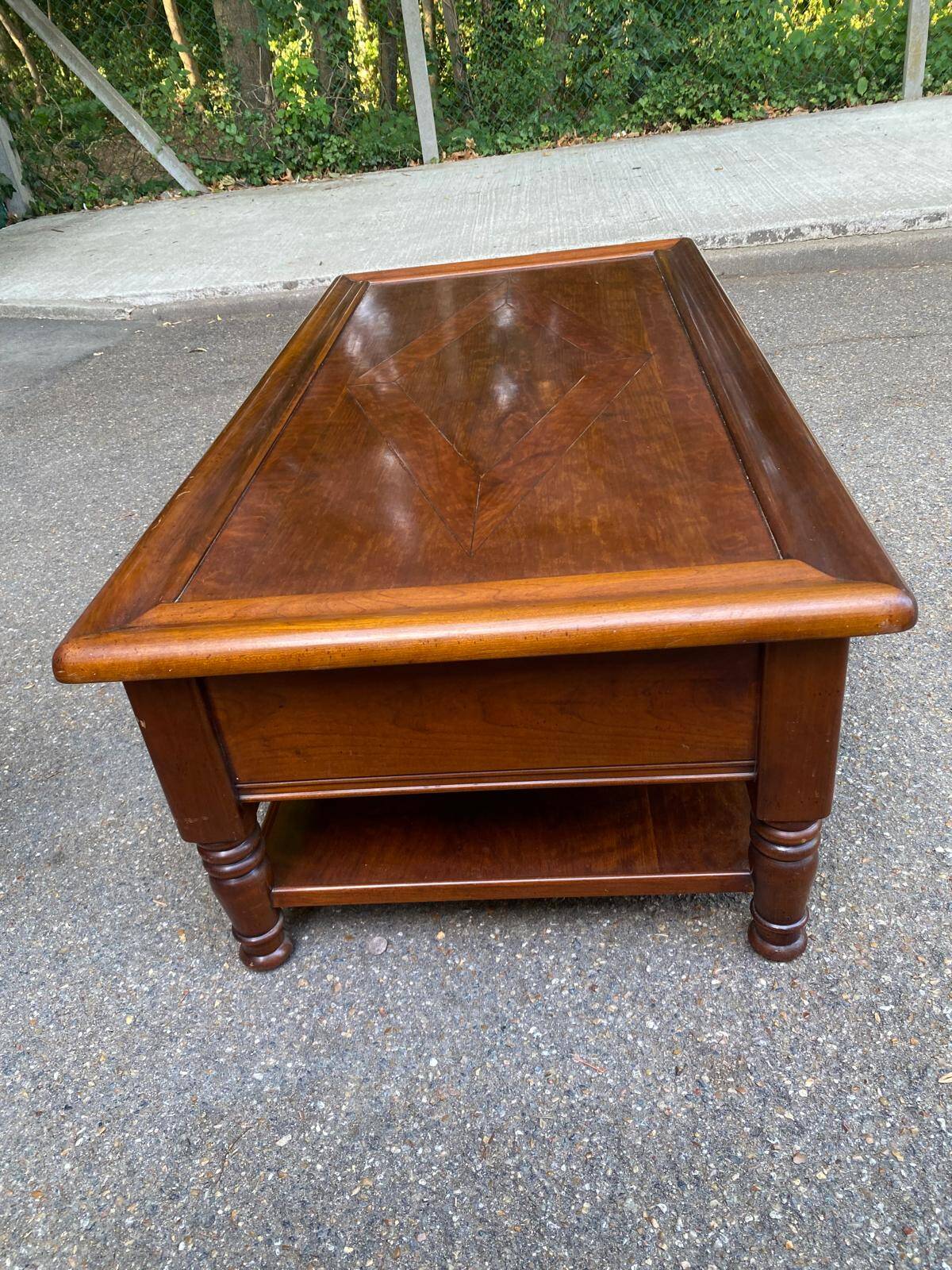 Solid cherry coffee table with 3 drawers in Louis Philippe style, 1980.