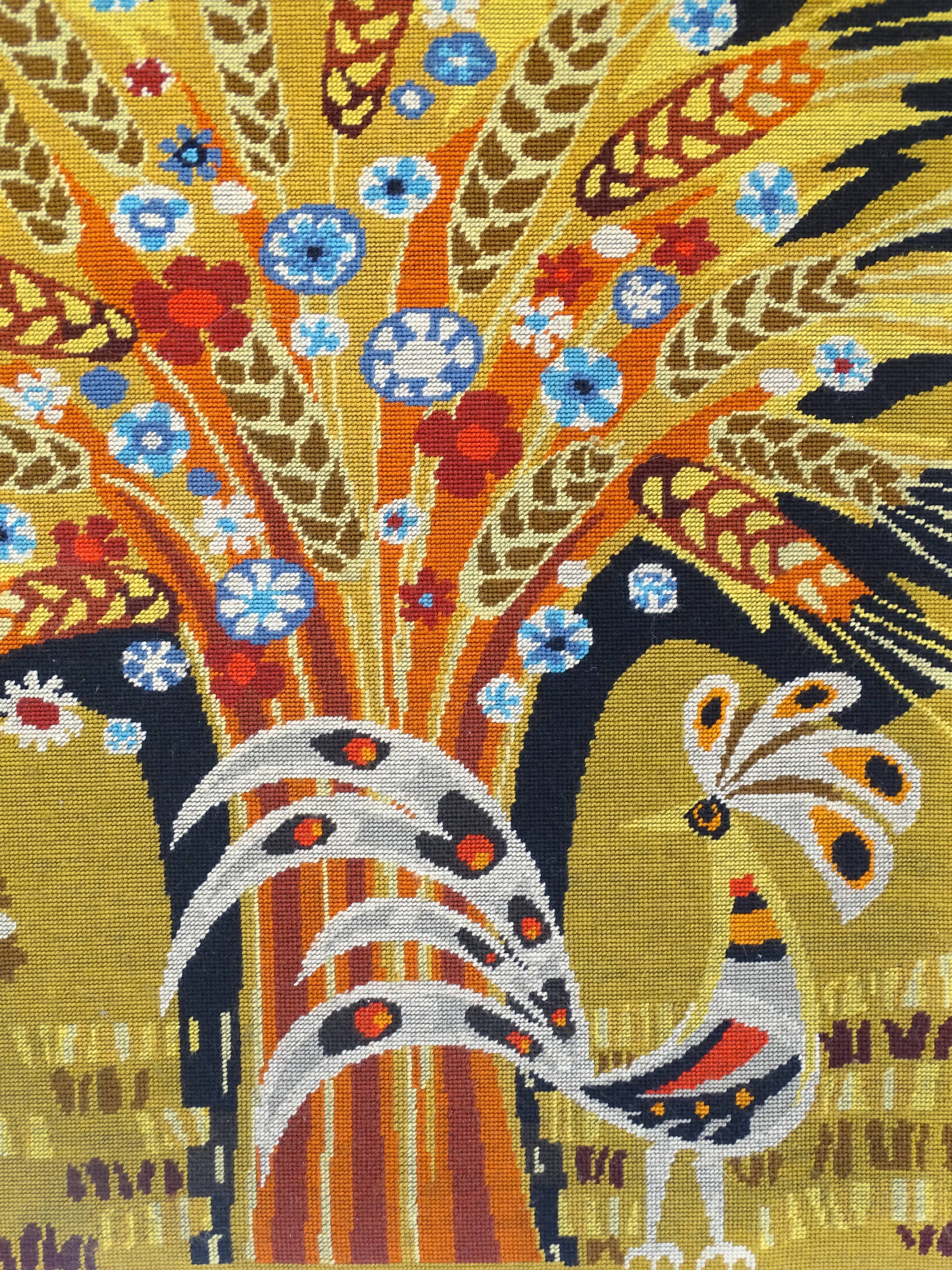 Wall tapestry "the rooster under the bouquet of wheat" signed Rey, circa 1970