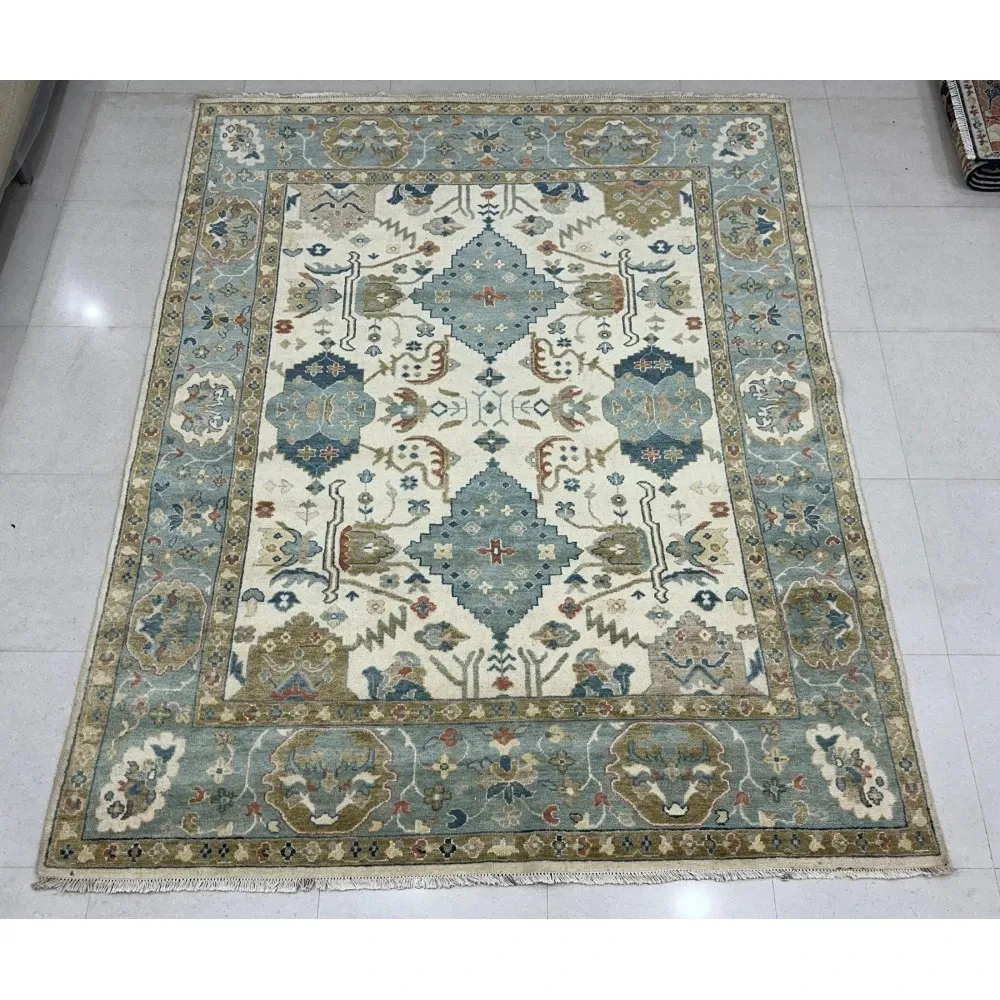 Contemporary Handmade Wool Area Rug, Ivory and Blue Floral Design Carpet for Living Room