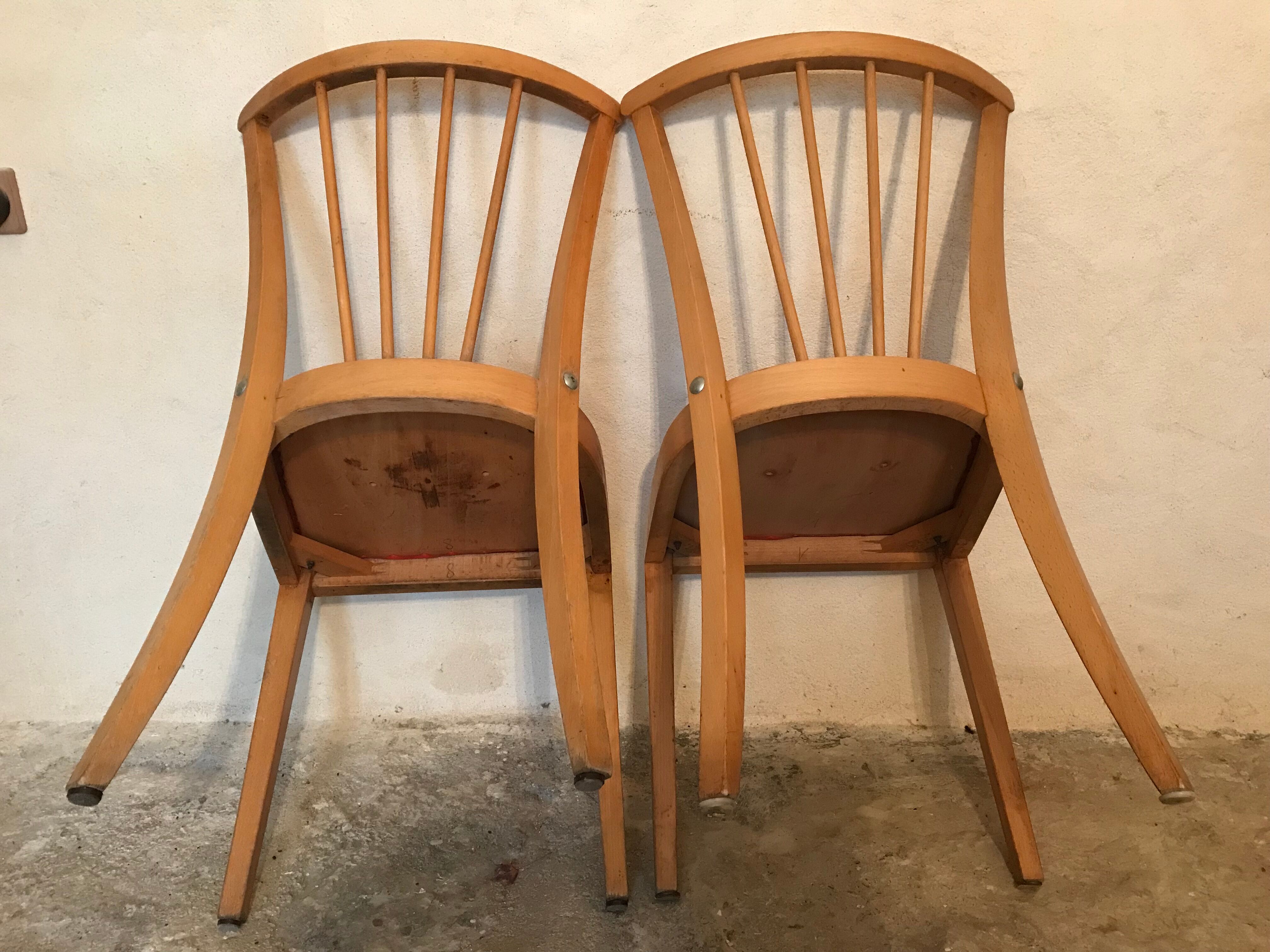 Pair of vintage bistro chairs 1960's blond wood and skaï