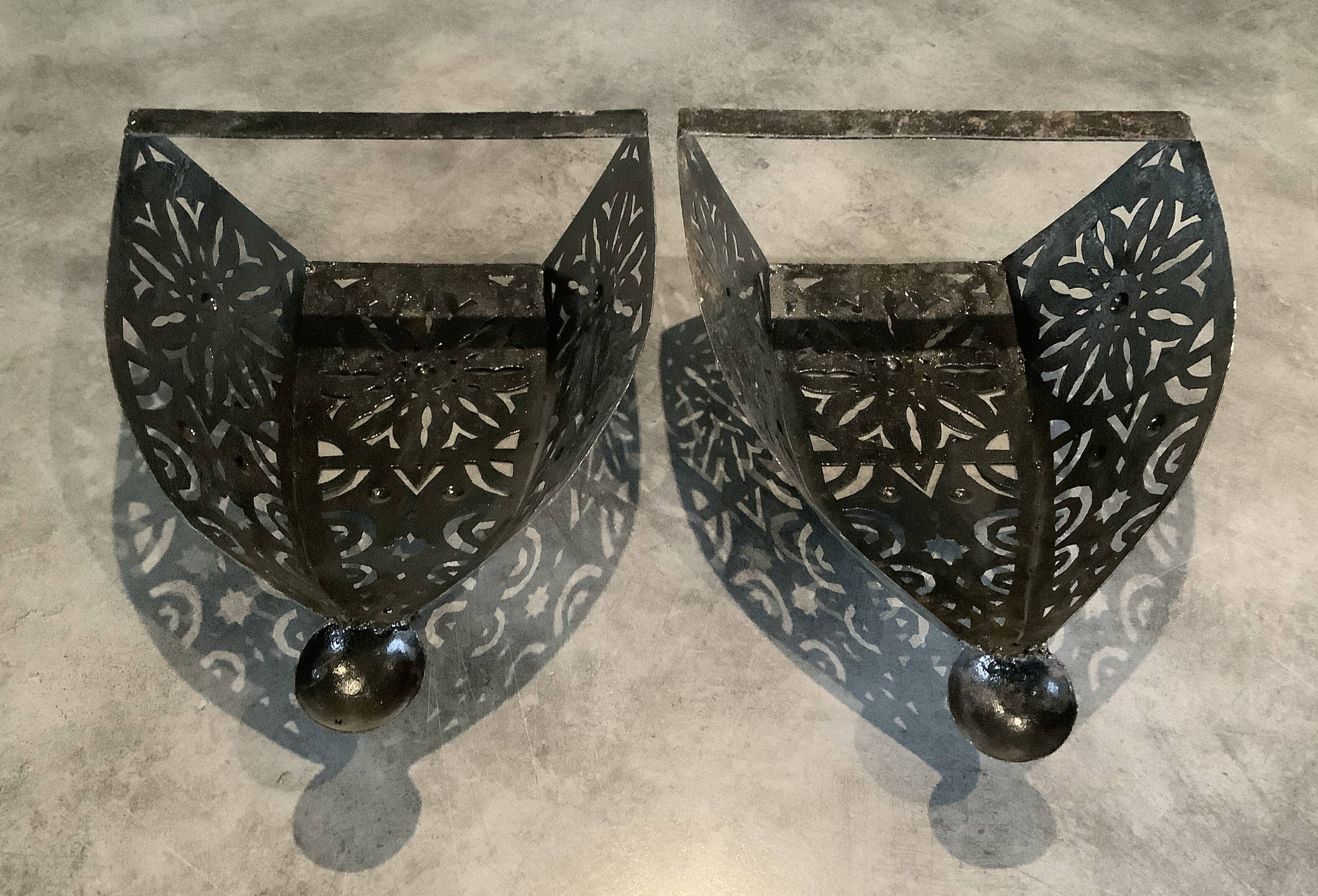 Pair of Wall Sconces in Iron with Cut-Out Patterns