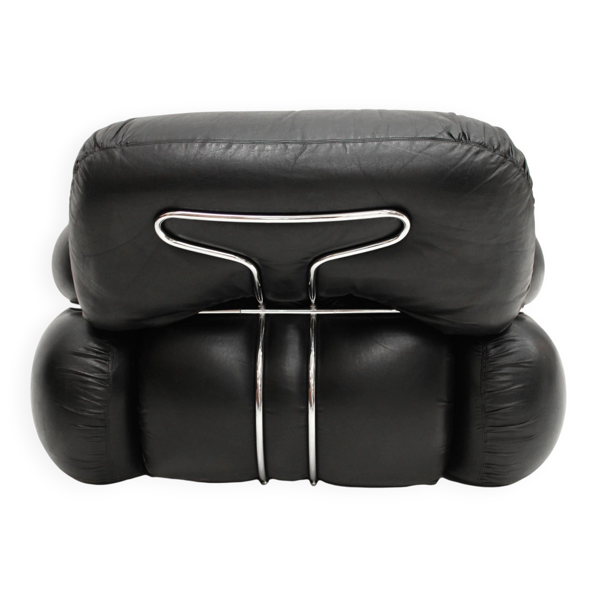 Italian Pair Of Okay Armchairs by Adriano Piazzesi with Black Leather and Steel