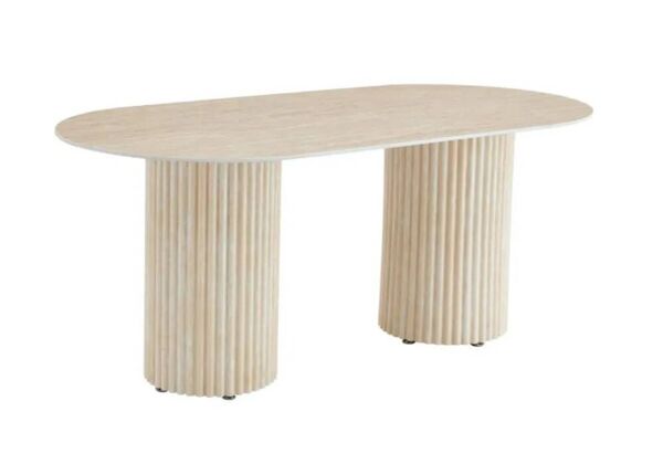 Table a manger Keysha pied travertin plateau ceramique travertin brillant