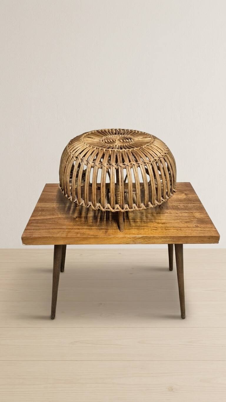 Mid-century woven rattan ottoman by Franco Albini, 1950s, Italy, 50 × 50 × 30 cm