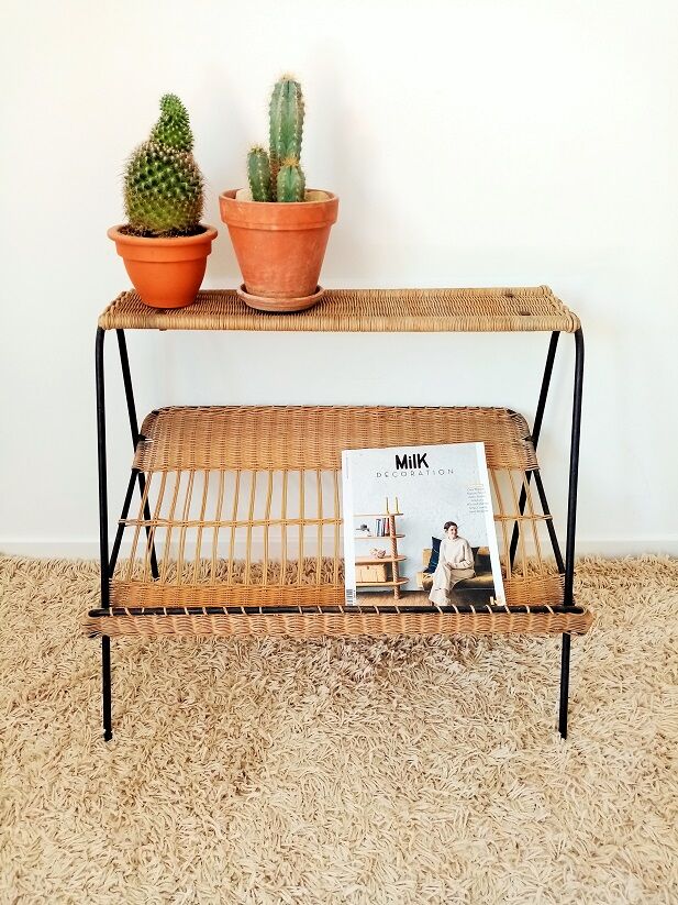 Magazines rack metal shelf and wicker years 50