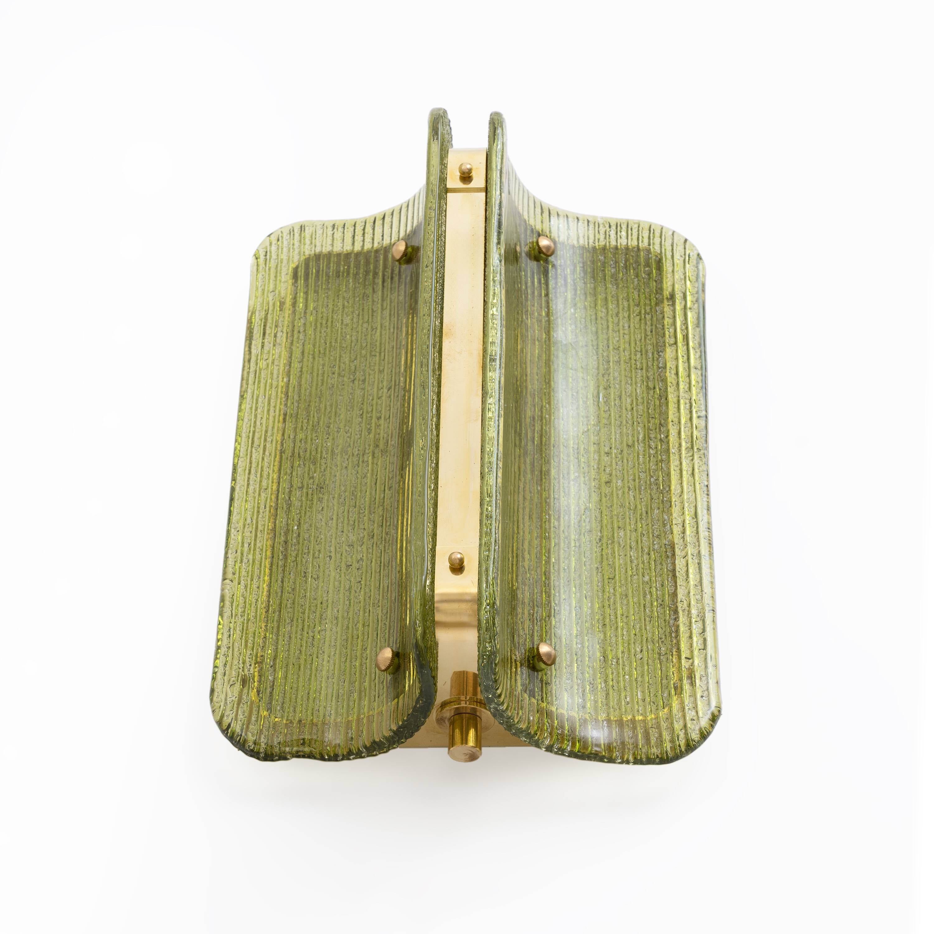 Pair of Curved, Ribbed Murano Glass and Brass Wall Sconces
