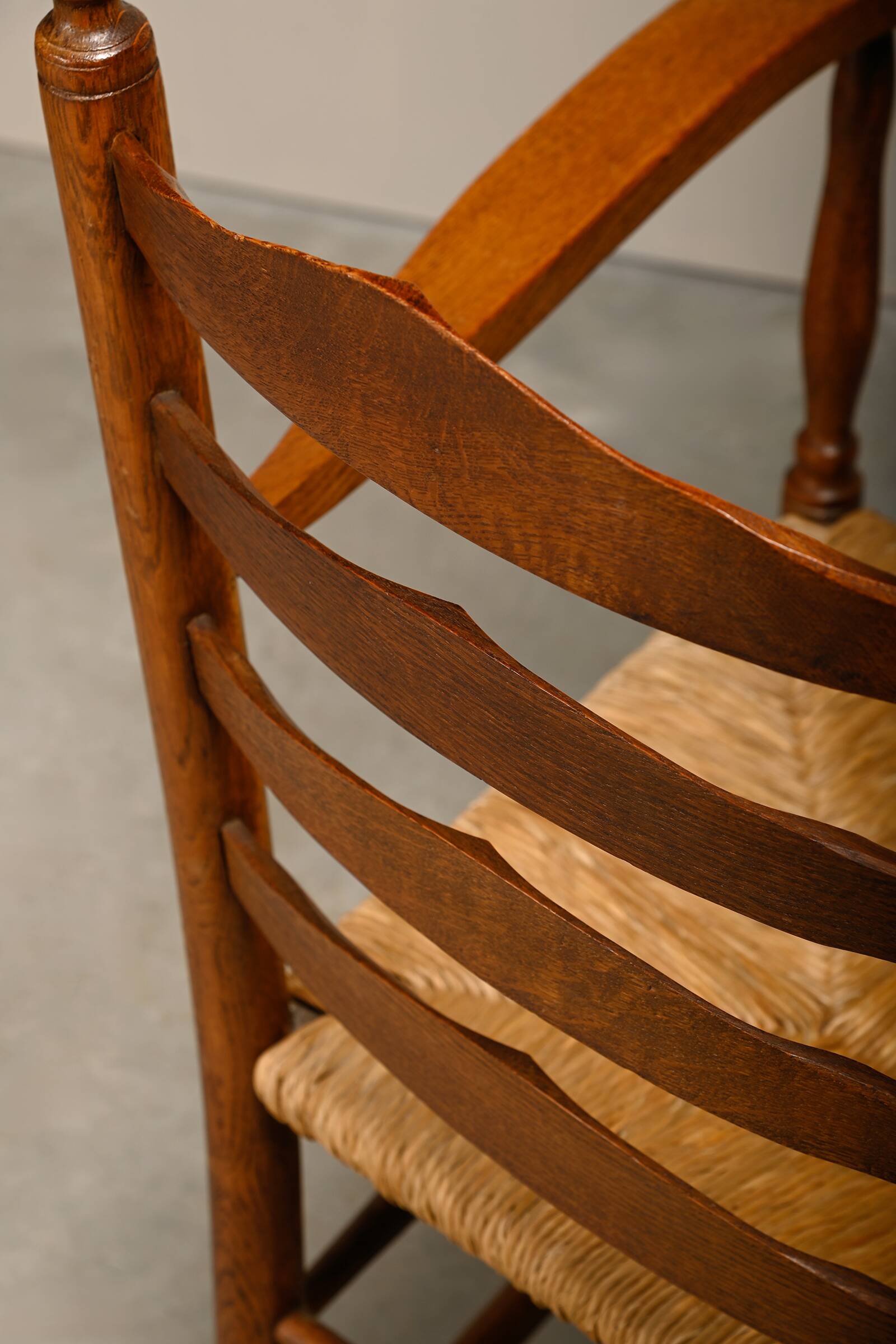 Rustic Armchair and Stool in stained oak and rush, France 1950s
