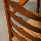Rustic Armchair and Stool in stained oak and rush, France 1950s