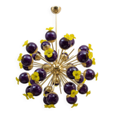 Chandelier Sputnik en verre de Murano et laiton, sphère jaune et violette