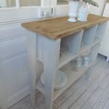 Vintage craft console furniture in pitch pine sublimated in a linen shade.
