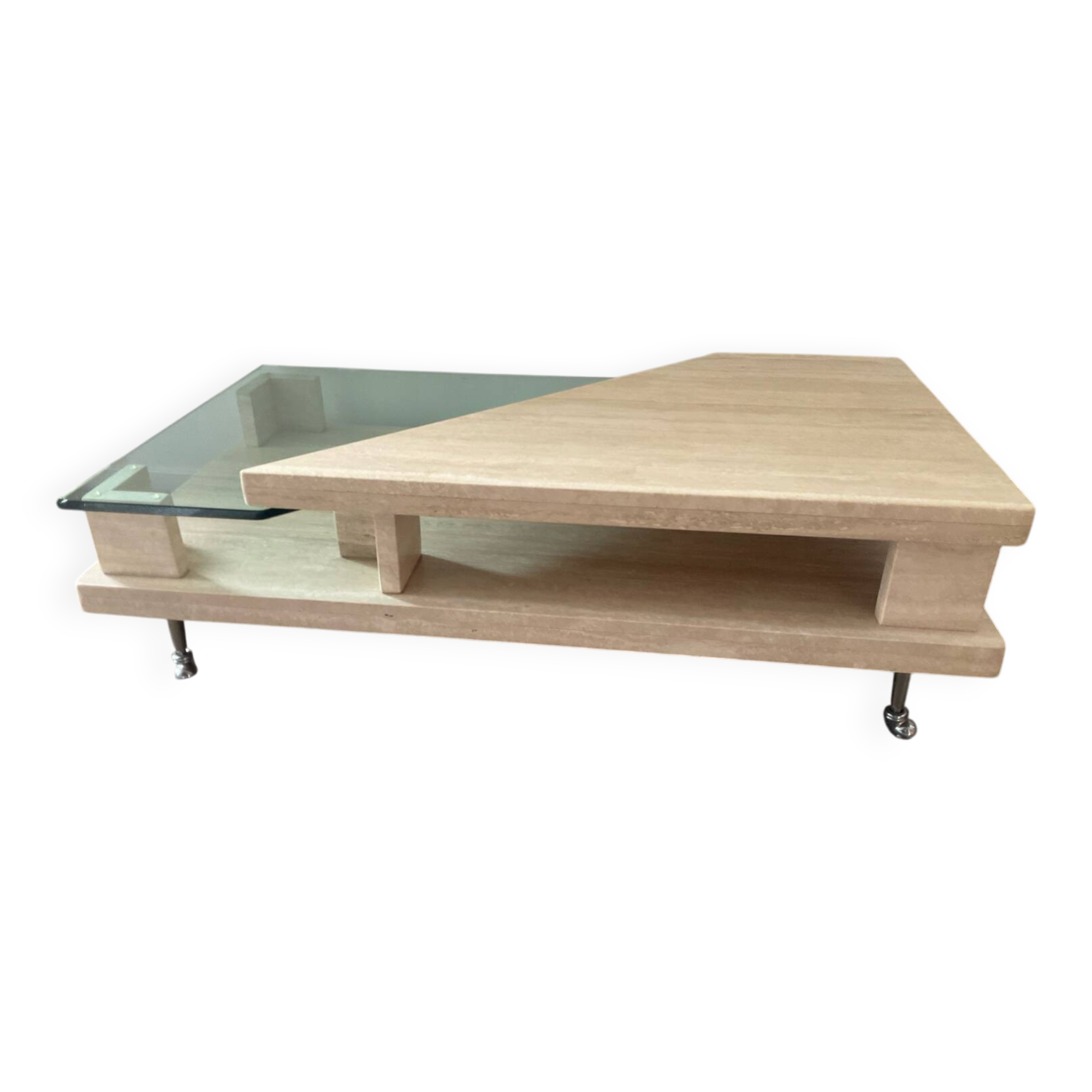 Vintage travertine and glass coffee table