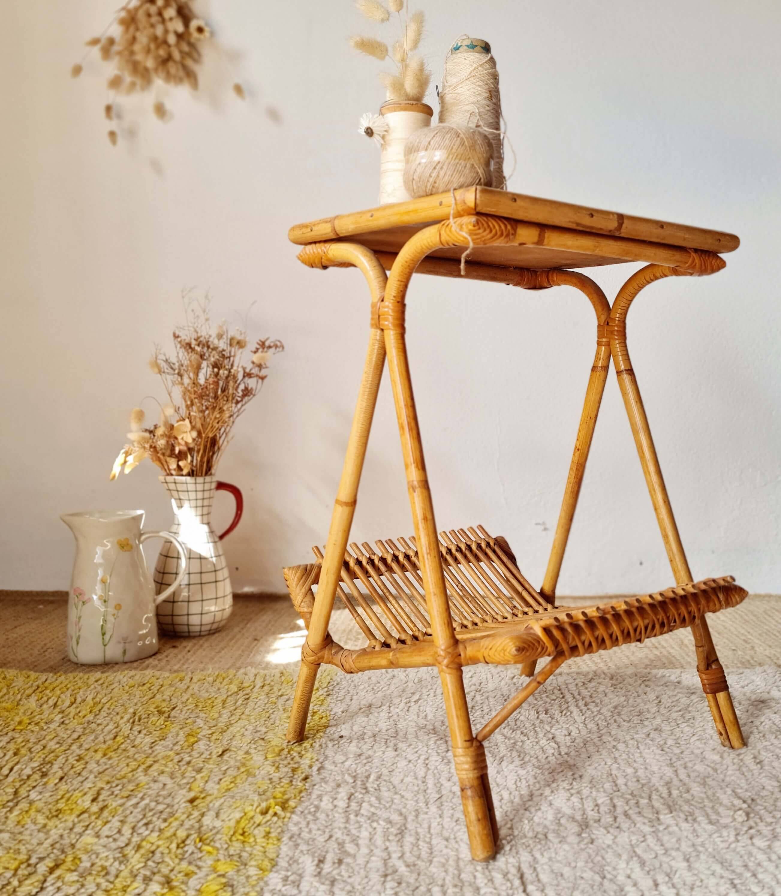 Side table magazine rack in rattan - 1960s design