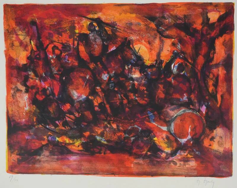 Marcel Mouly : Combat rouge, lithographie originale signée