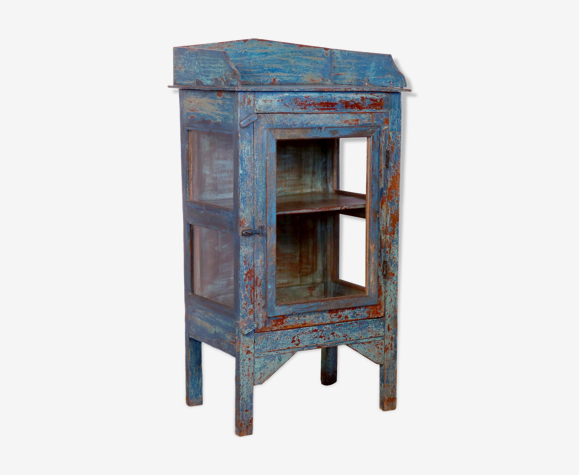 Cabinet vitré en teck birman patine bleue d'origine