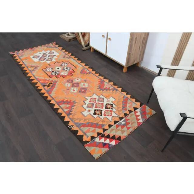 1970s Turkish Oushak Handmade Wool Cotton Orange Runner Rug 95x254