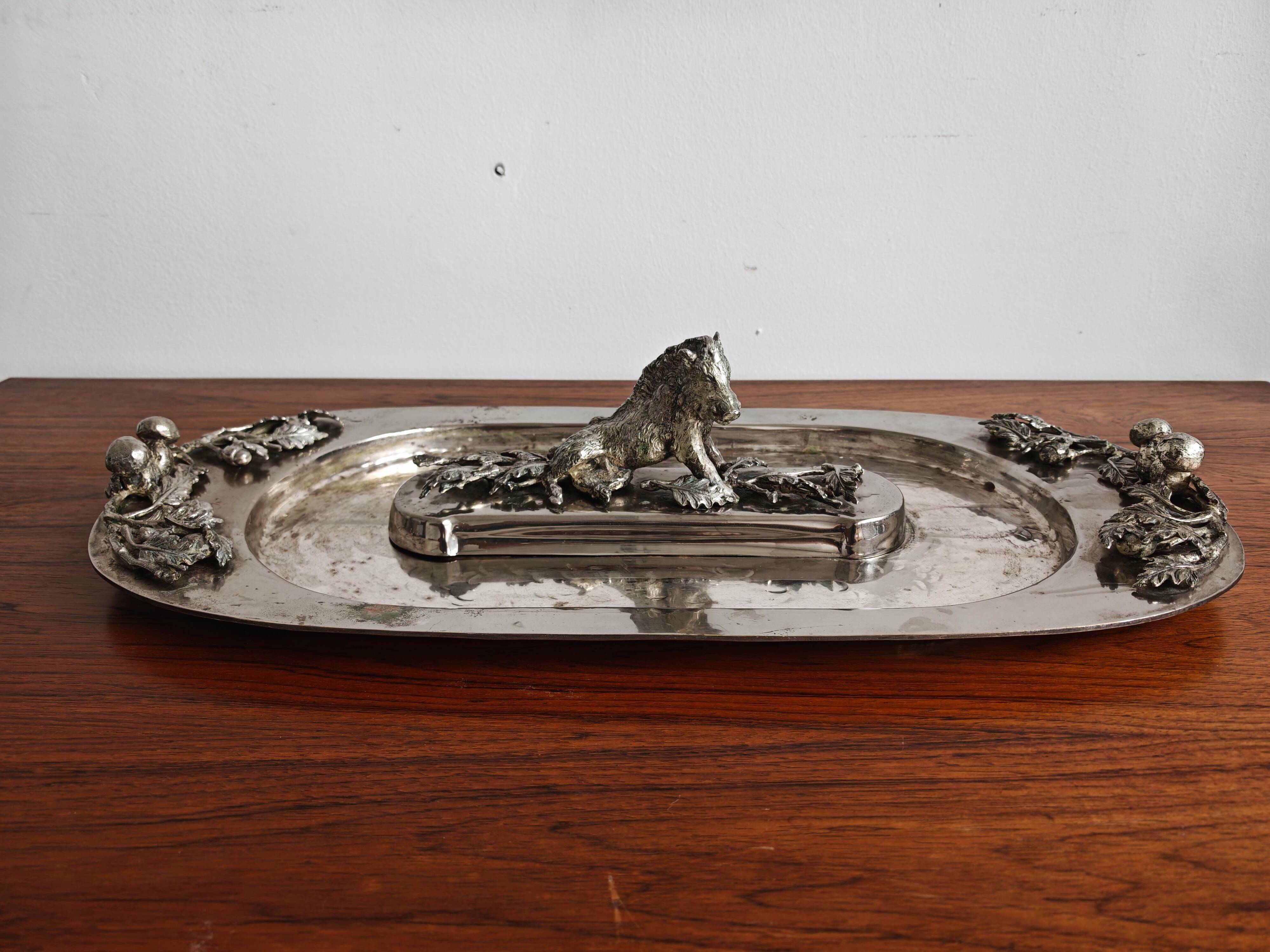 Silver serving dish by Franco Lapini with boar sculpture.