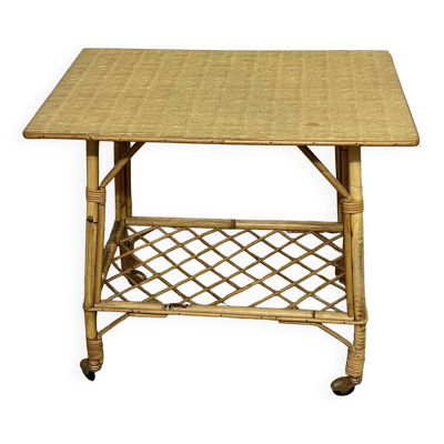 Desserte roulante / table d'appoint en bambou et rotin, 1960