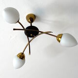 Chandelier 3 fires modernist metal and brass, 3 opalines 60s french design ceiling lamp suspension
