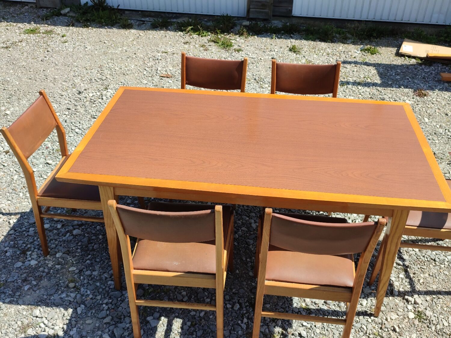 Formica teak table + 10 vintage Scandinavian style chairs