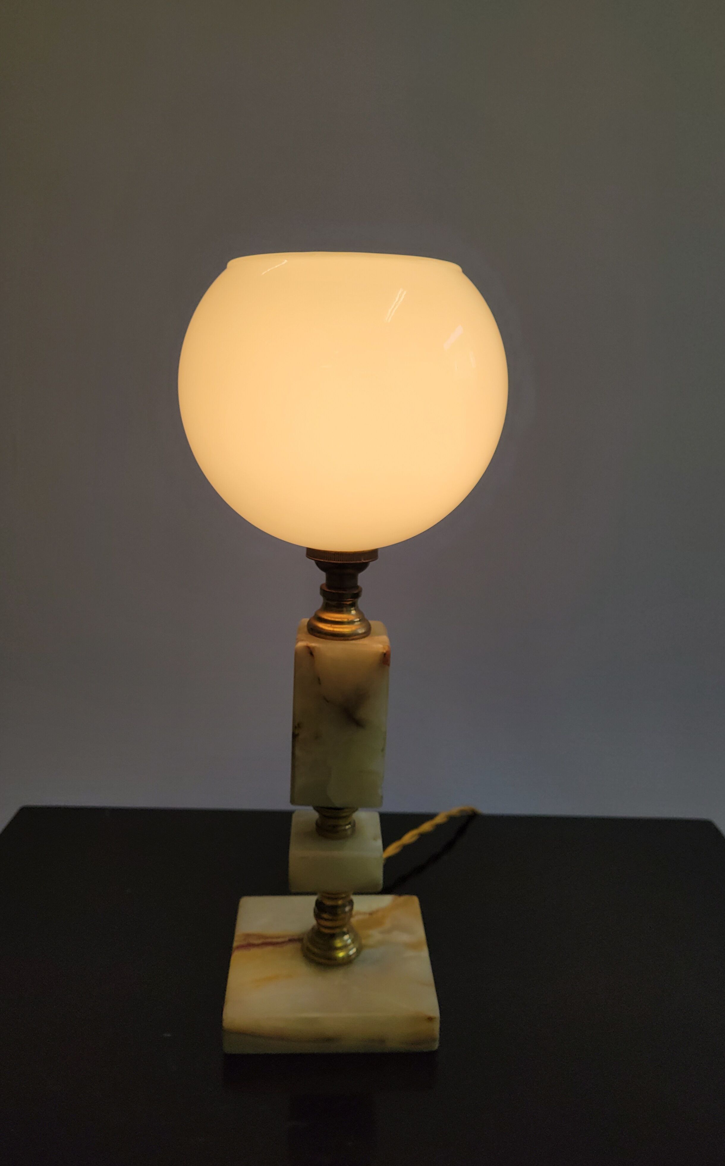 Onyx and brass lamp with opaline globe