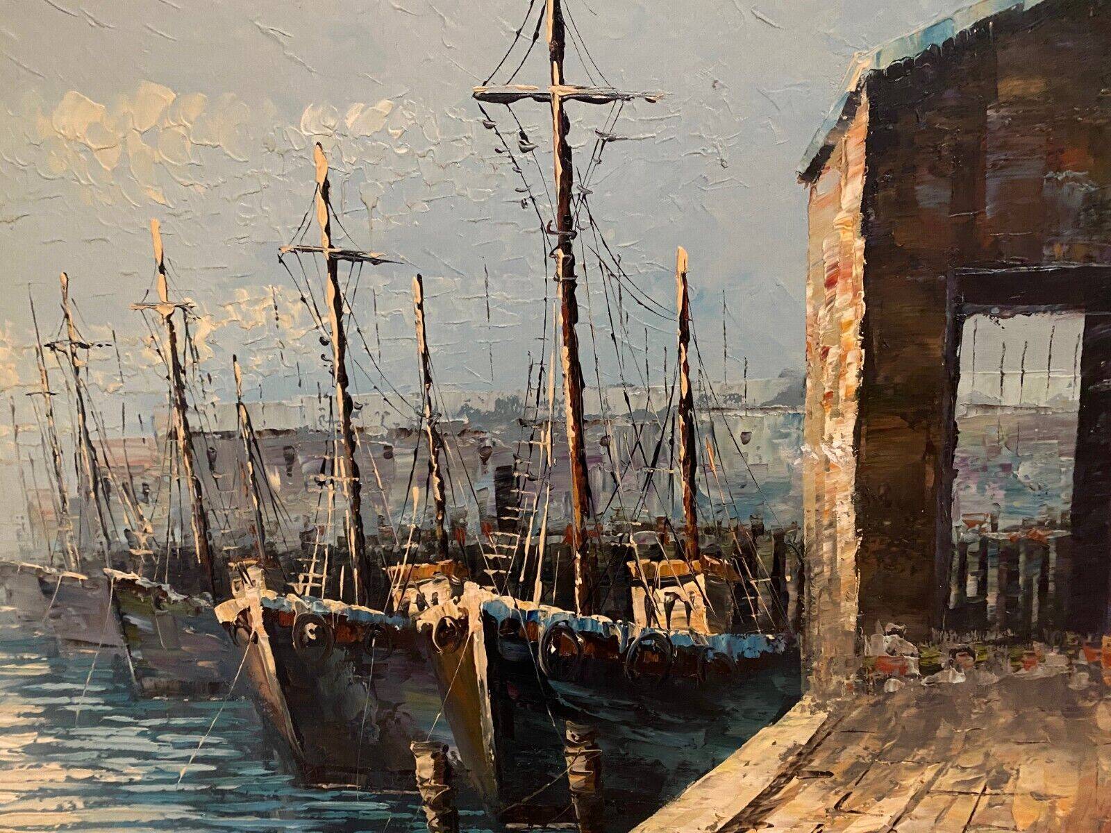 Oil on canvas mid-20th century marine boats at the quayside by P. Lemeut
