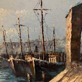 Oil on canvas mid-20th century marine boats at the quayside by P. Lemeut
