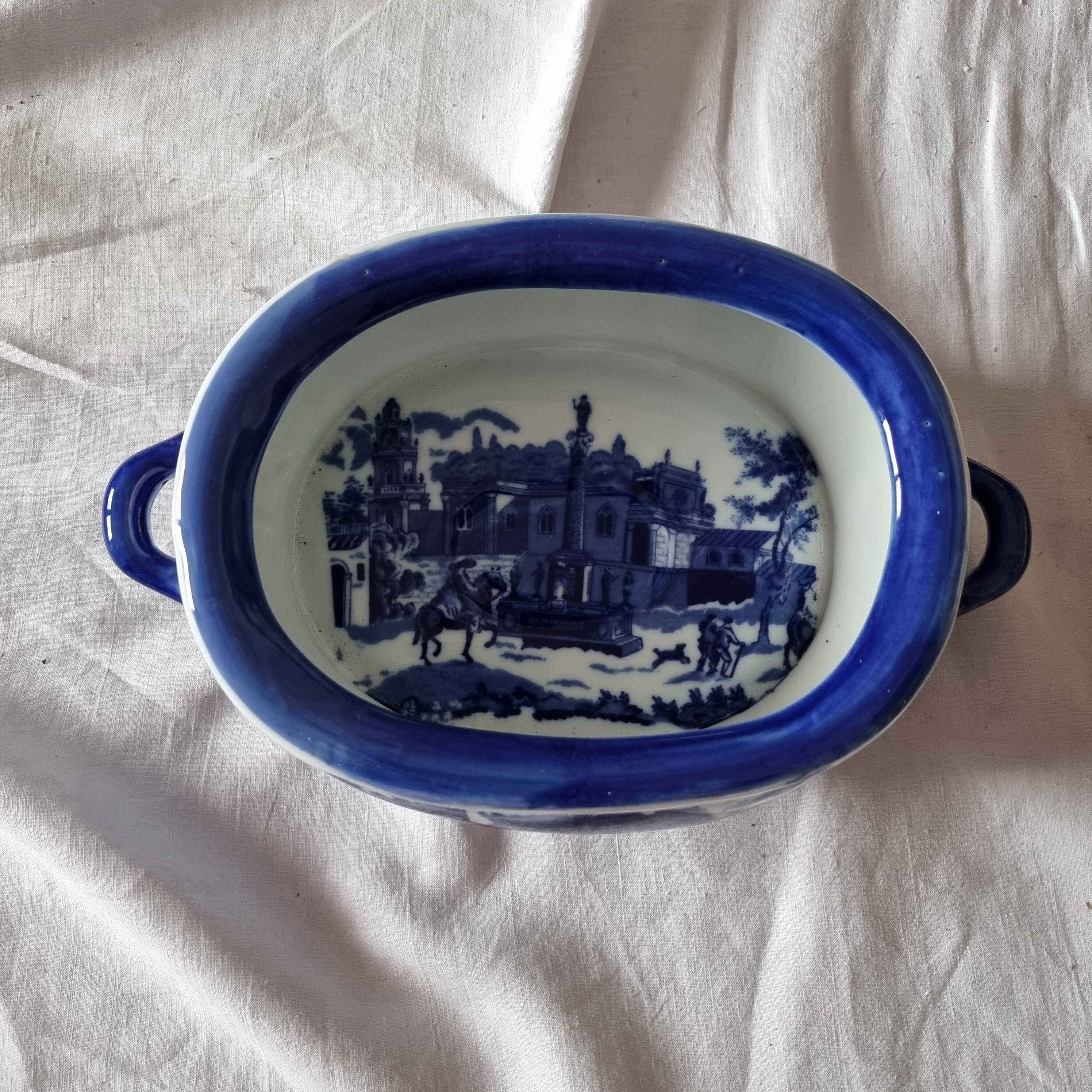 English porcelain flower pot or planter, blue Victorian landscape