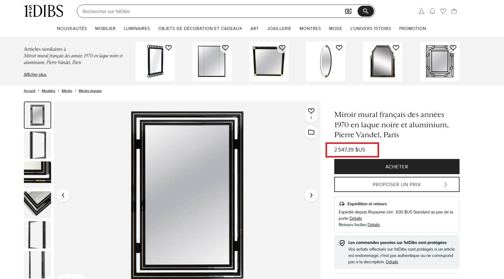 Miroir design Pierre Vandel Paris – Années 80 – Noir laqué