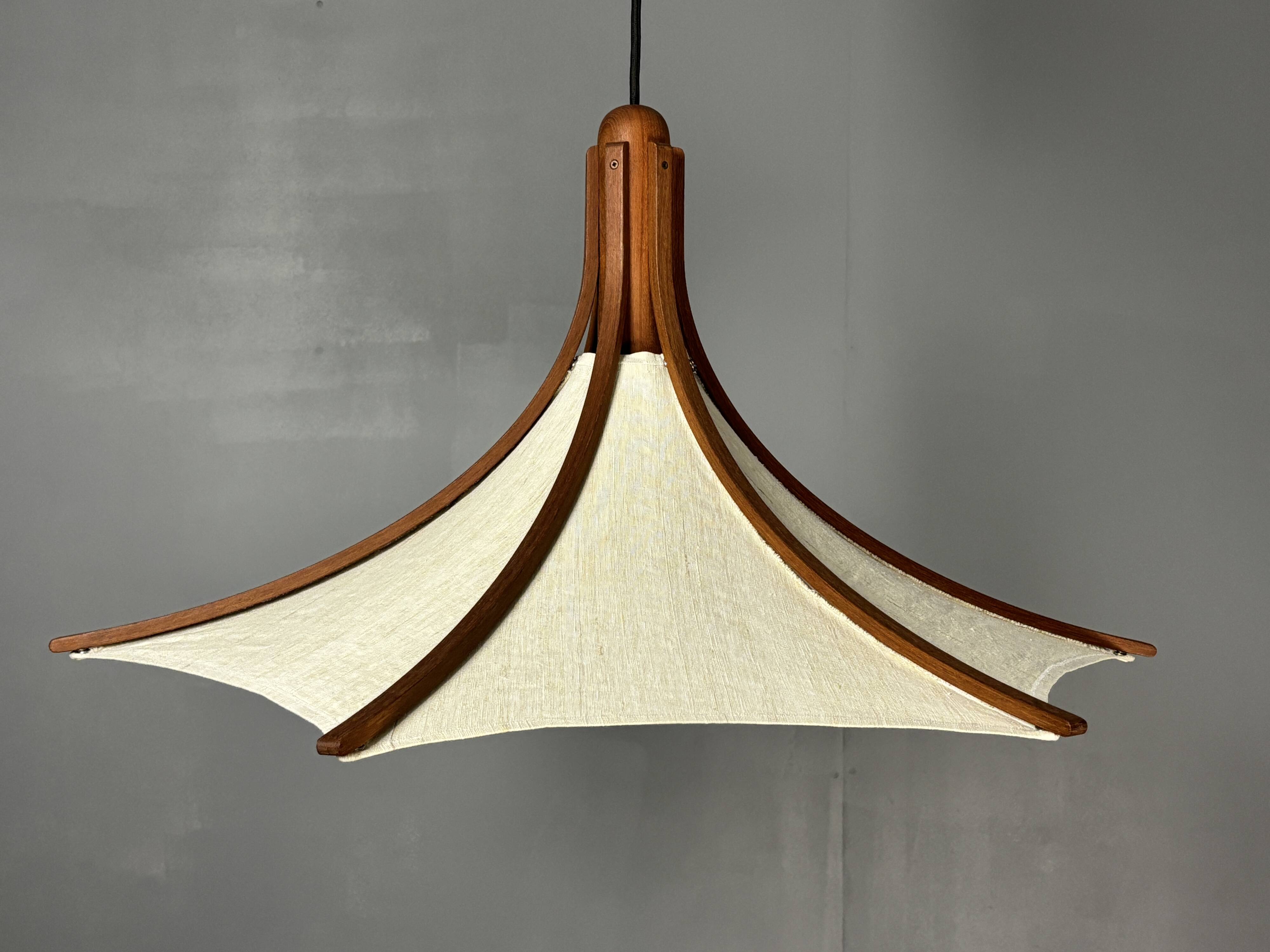 Teak And Linen Umbrella Counter Balance Pendant By Domus, 1970s