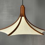 Teak And Linen Umbrella Counter Balance Pendant By Domus, 1970s