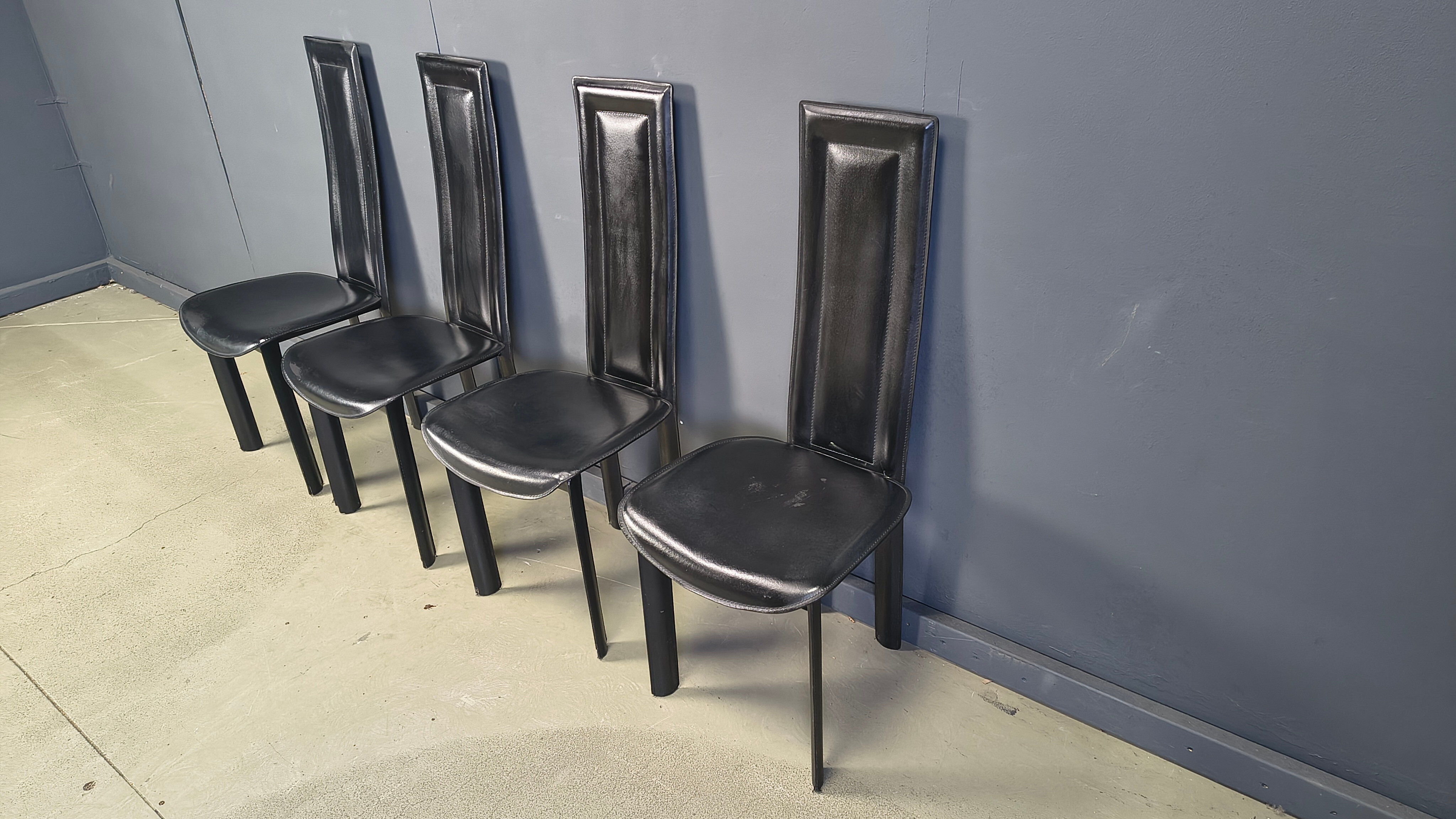 Vintage black leather dining chairs, set of 4, 1980s