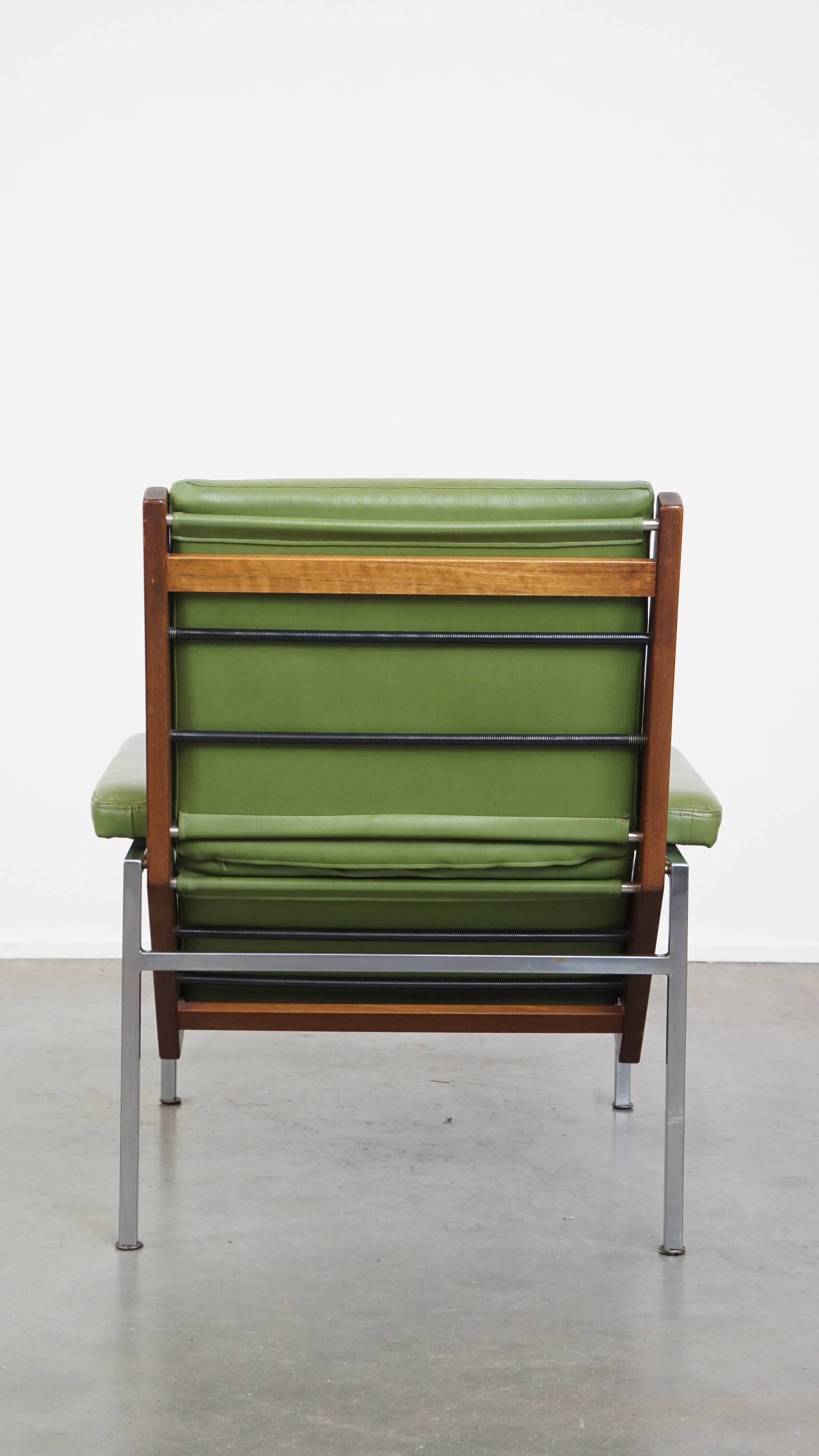 Green cowhide Leather and Wooden Vintage Armchair