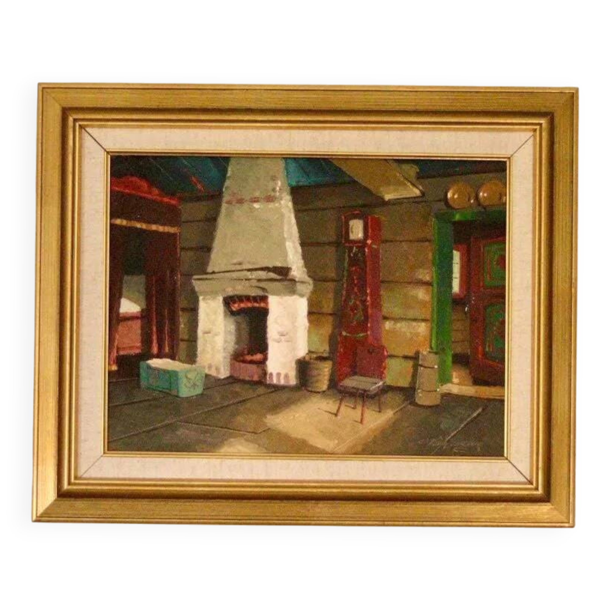 Huile sur toile suédoise originale du milieu du siècle – cheminée de cuisine