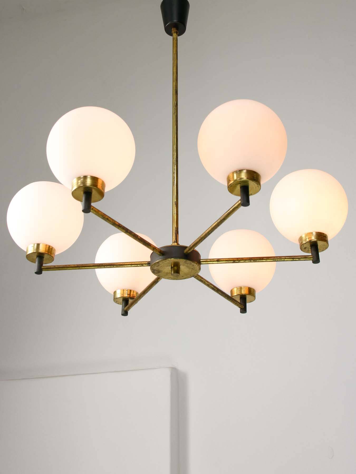 Mid-century Italian Brass and Opaline Chandelier