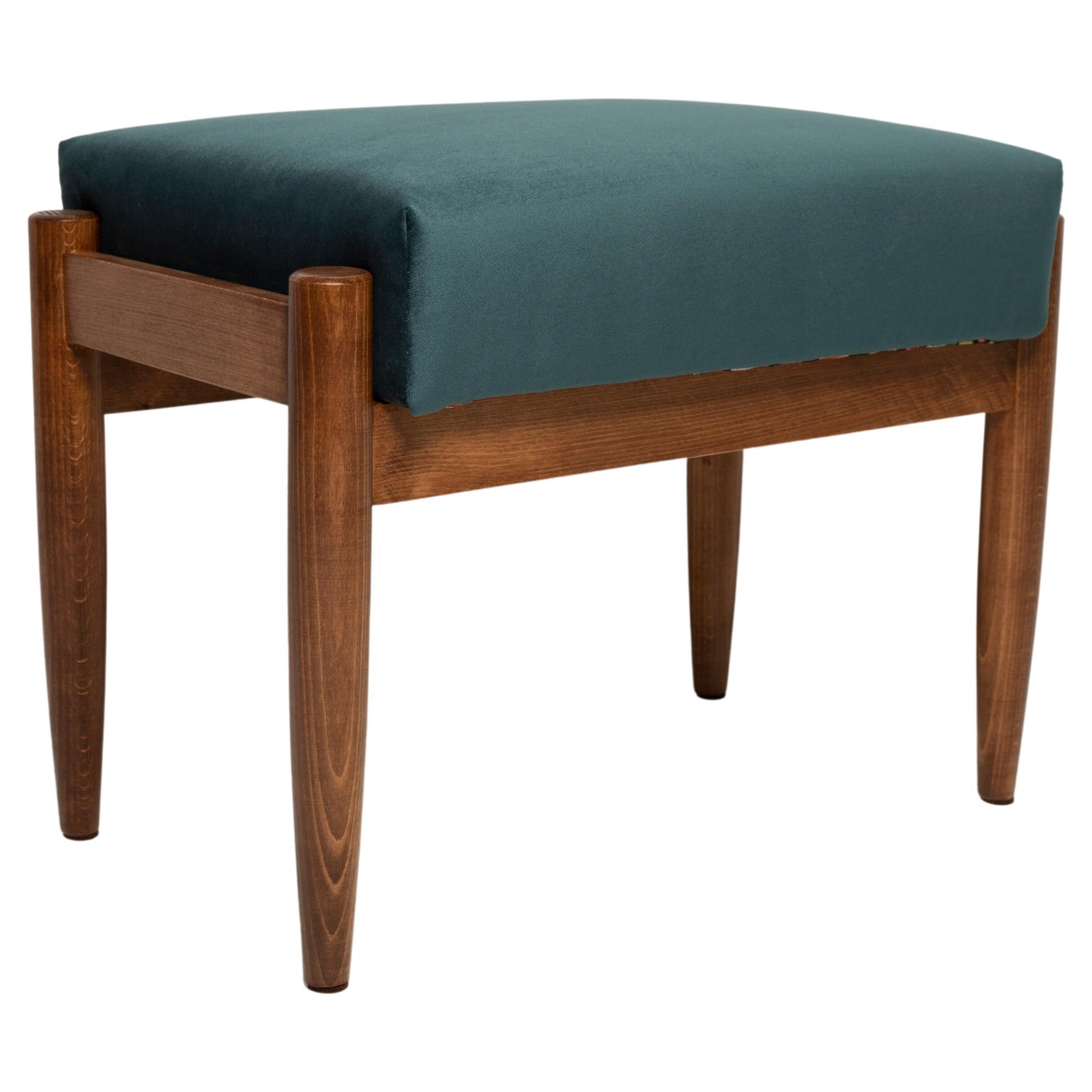 Vintage mid-century petrol blue velvet stool, Edmund Homa, Europe, 1960s.