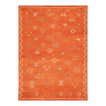 Tapis Kilim vintage marocain orange géométrique fait main en tissage à plat pour salon