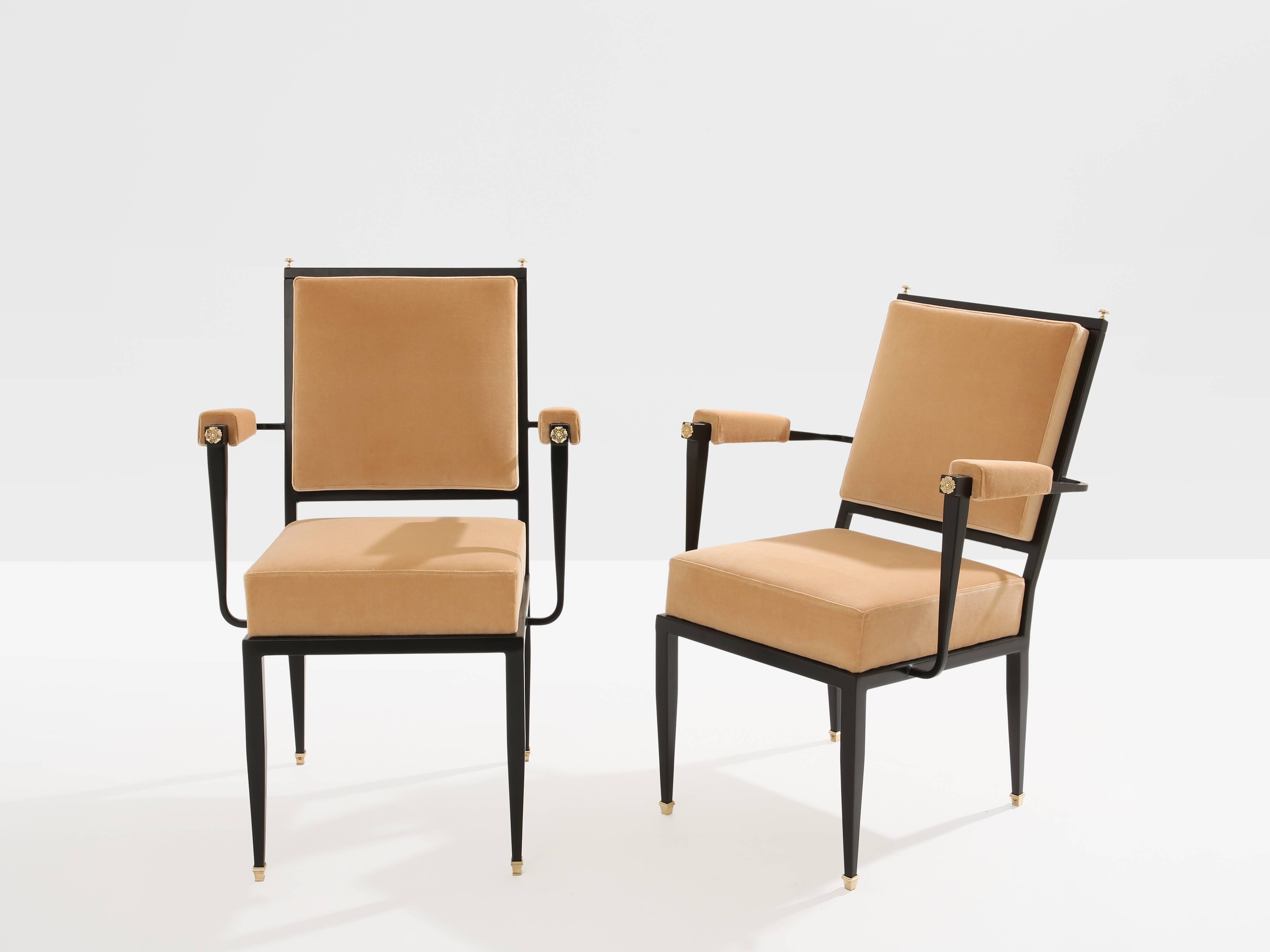 André Arbus attributed neoclassical armchairs metal bronze velvet 1940