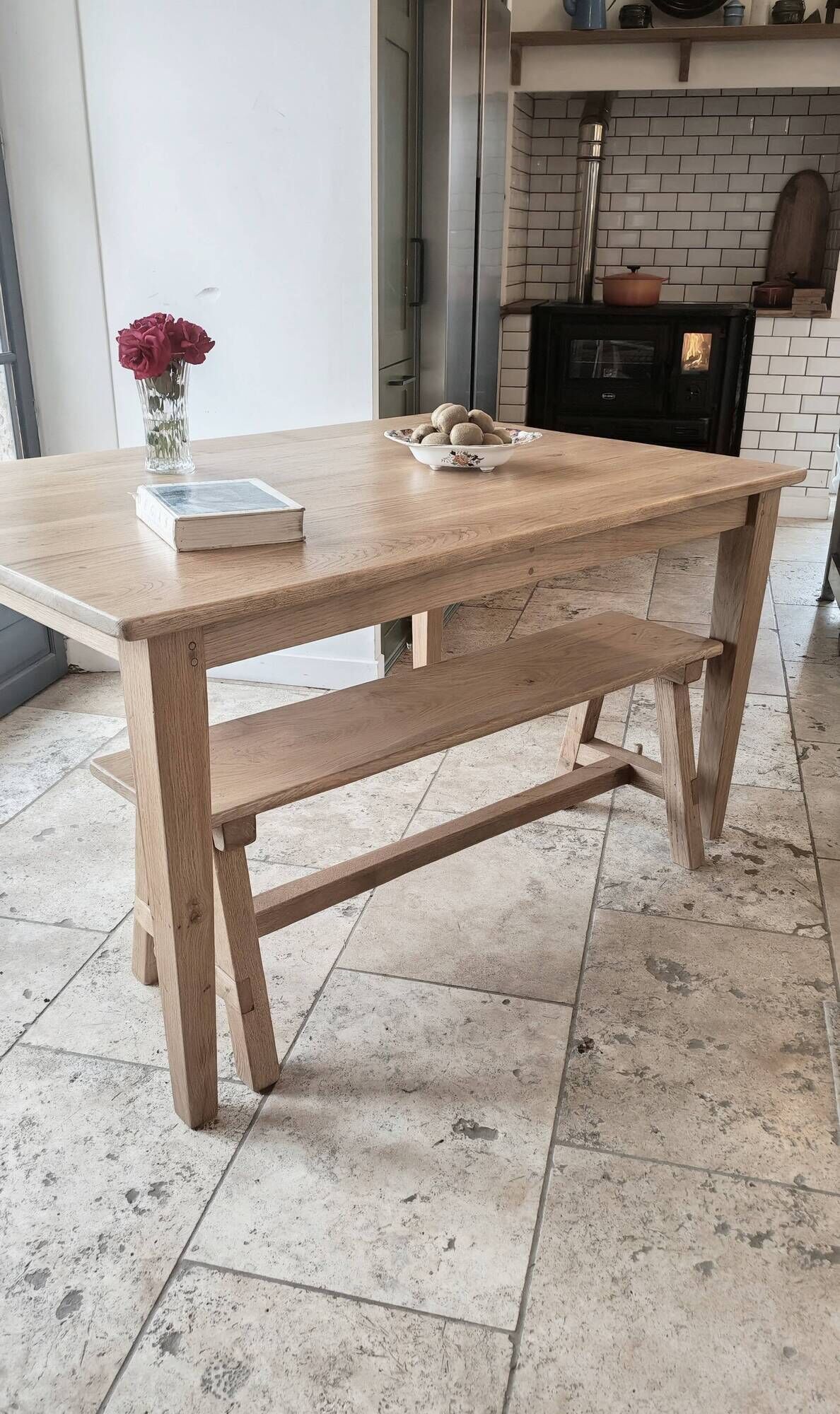 Farm table and bench ("A frame") in solid French oak.
