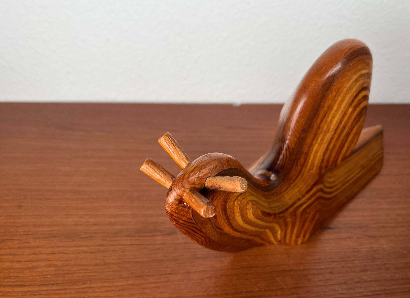 Large Danish carved wooden snail sculpture from the mid-century, 1960s.