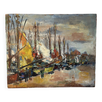 Voiliers au port, huile sur panneau de bois