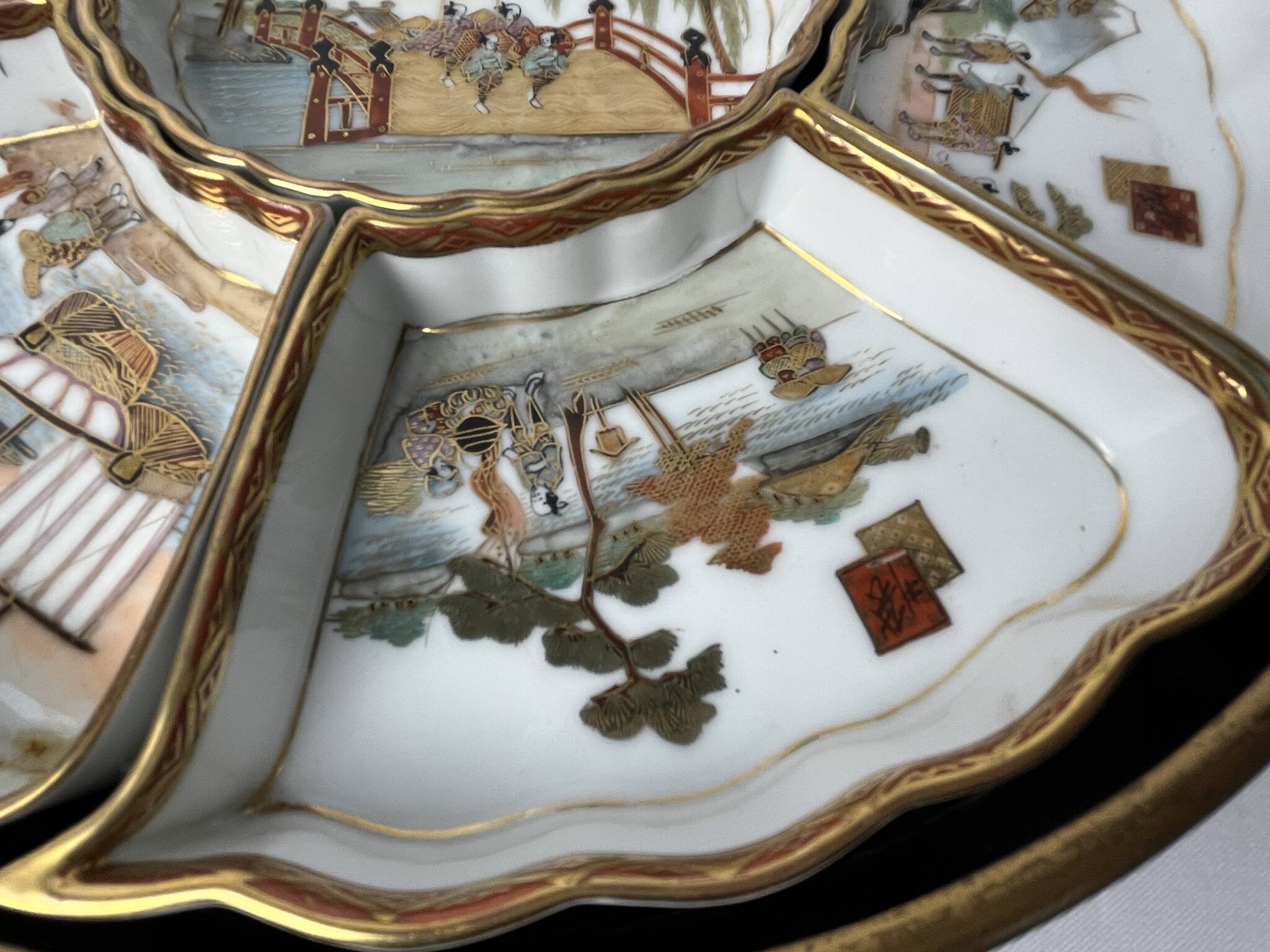 China, porcelain condiment set on lacquered tray, 20th century