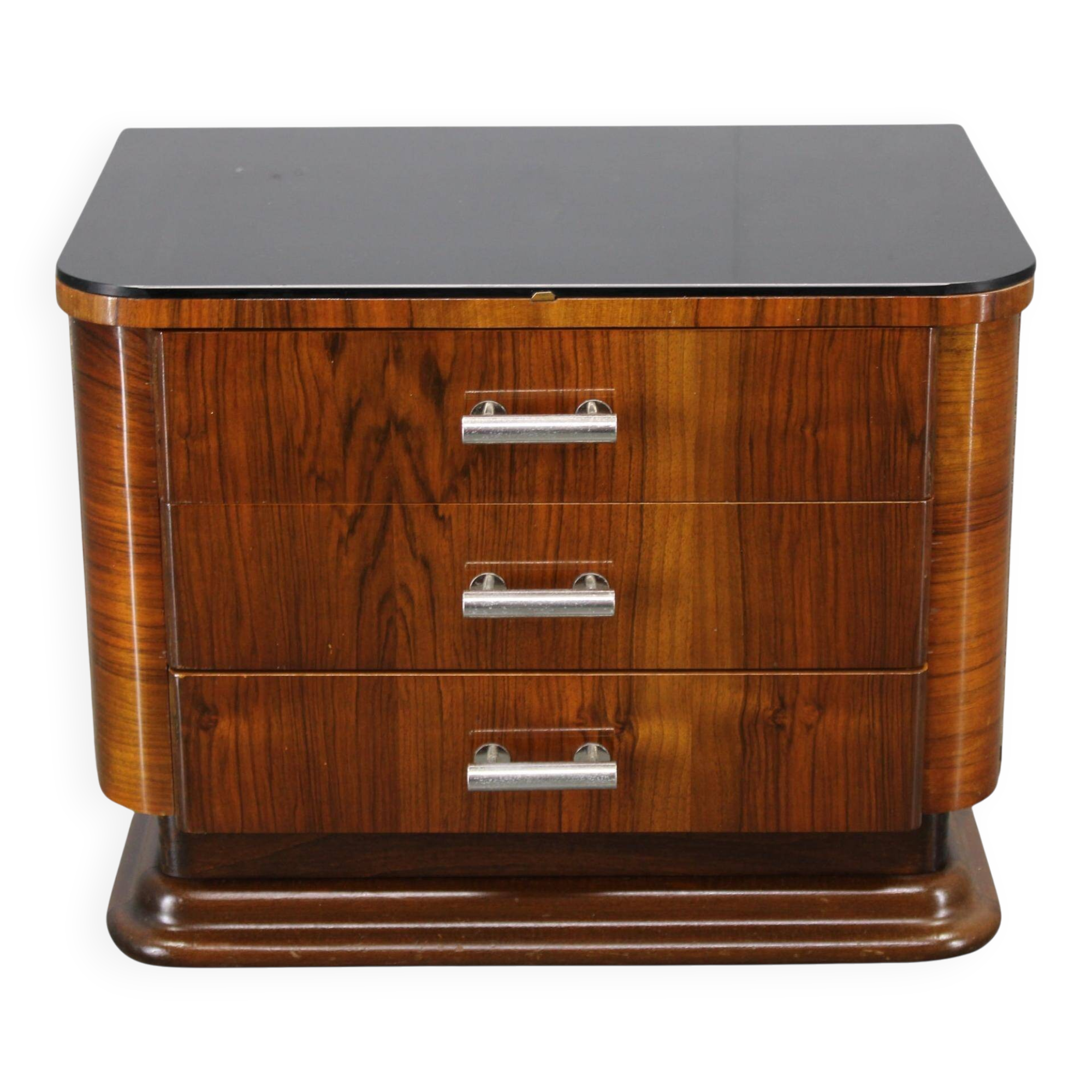 Art Deco walnut nightstand with black opaxite glass, Czechoslovakia 1930s