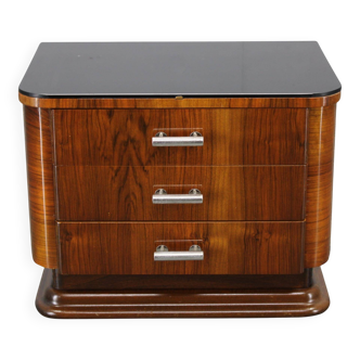 Art Deco walnut nightstand with black opaxite glass, Czechoslovakia 1930s