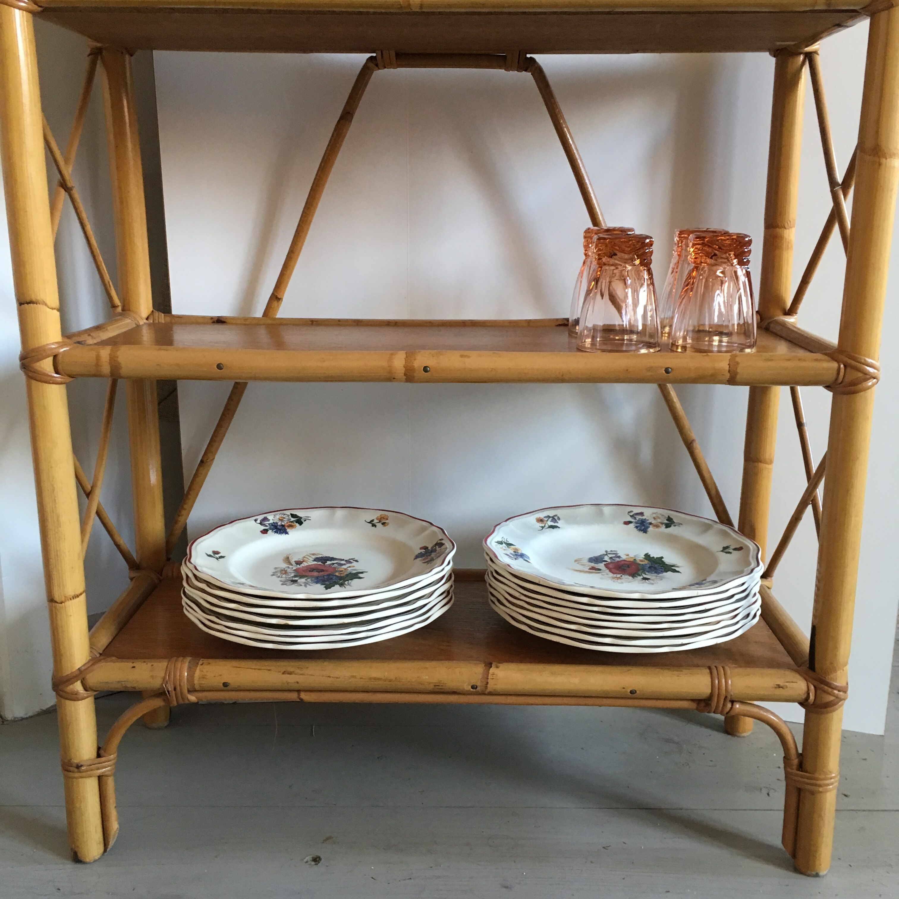 Shelf library in rattan, wood and bamboo vintage