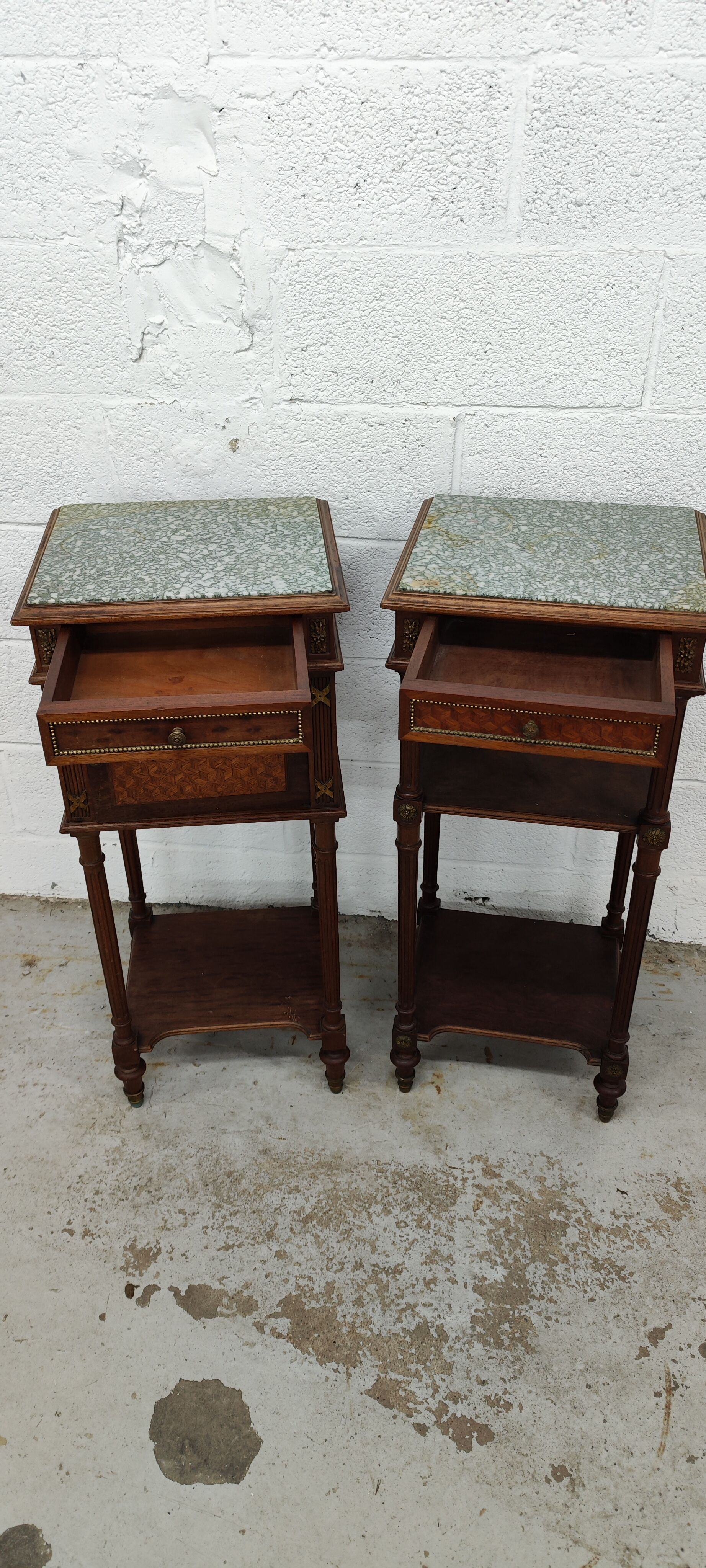 Pair of bedside old marquetry top green marble and bronze decorations