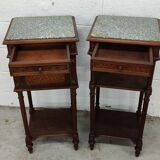 Pair of bedside old marquetry top green marble and bronze decorations